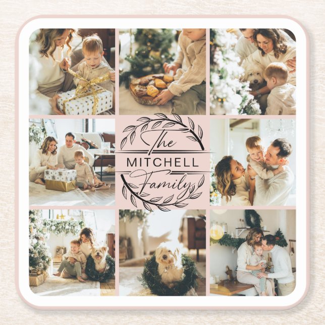 Elegan Modern Blush Pink Monogram Family Photo Square Paper Coaster (Front)