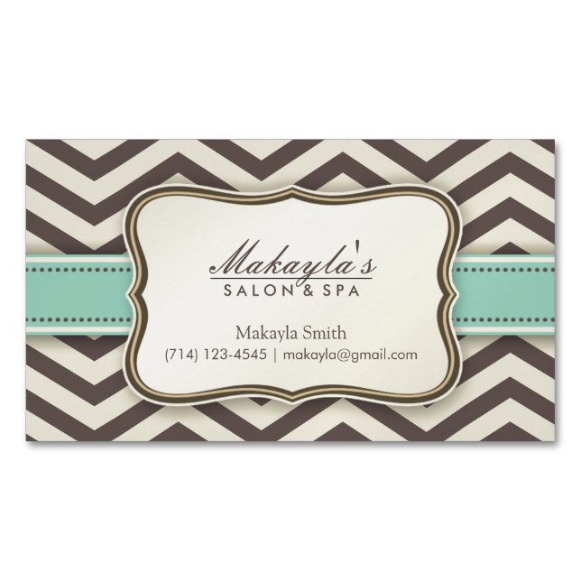 Elegan Modern Brown Chevron Pattern, Green & Beige Magnetic Business Card (Front)