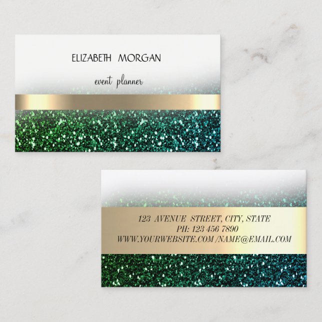 Elegan Modern Green Glittery Bokeh ,Gold Stripes Business Card (Front/Back)