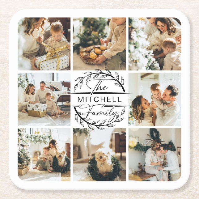 Elegan Modern Monogram Initial Family Name Photo Square Paper Coaster (Front)