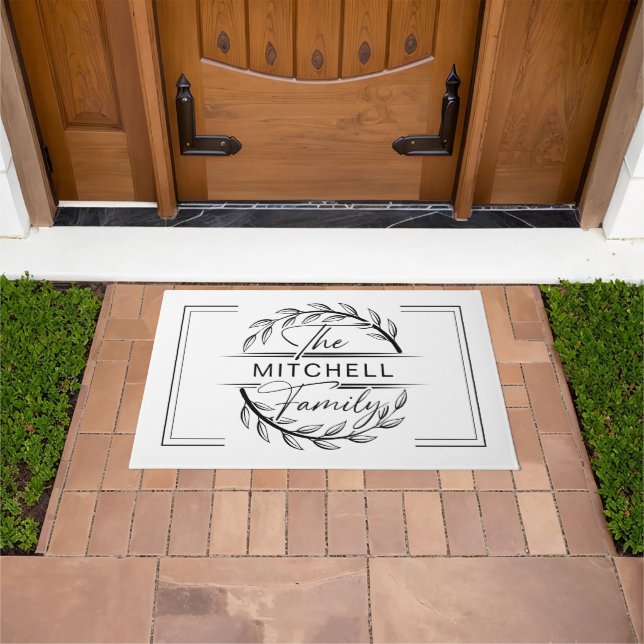 Elegan Monogrammed Black White Custom Family Name Doormat (Outdoor)