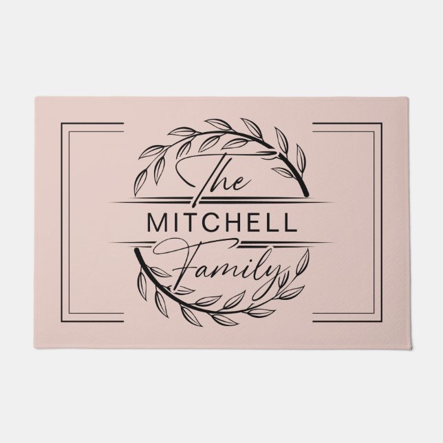 Elegan Monogrammed Blush Pink Custom Family Name Doormat (Front)