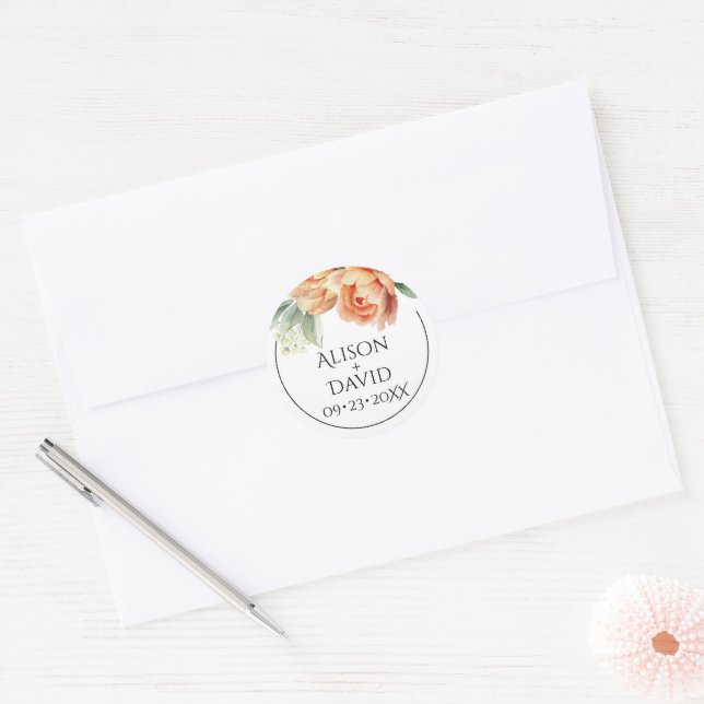 Elegan peach peony flowers floral wedding classic round sticker (Envelope)