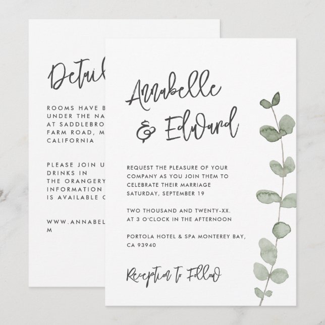 Elegan Wedding eucalyptus details, invitation chic (Front/Back)