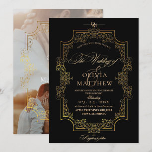 Elegance and  Royal Black & Gold  Photo Wedding Invitation