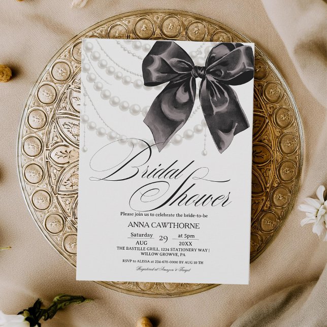  Elegance Black Bow Pearls Bridal Shower Acrylic Invitation (Creator Uploaded)