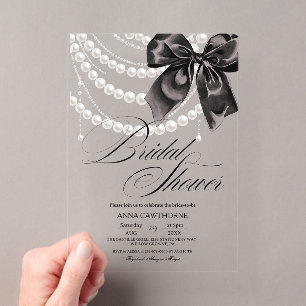 Elegance Black Bow Pearls Bridal Shower Acrylic Invitations