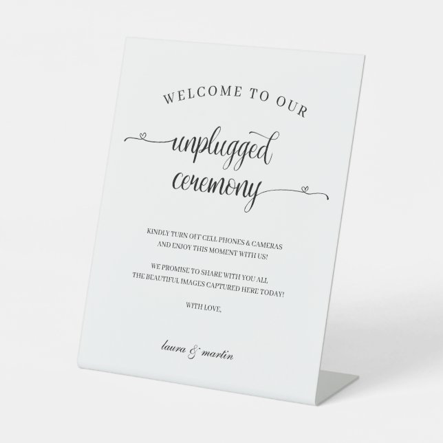 Elegance Black Heart Script Unplugged Ceremony Pedestal Sign (Front)