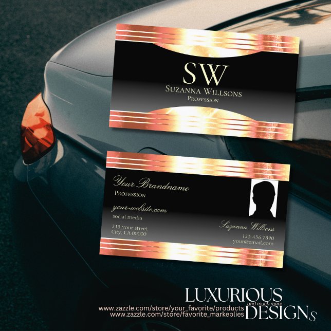 Elegance Black Rose Gold Borders Monogram Photo Business Card (Creator Uploaded)