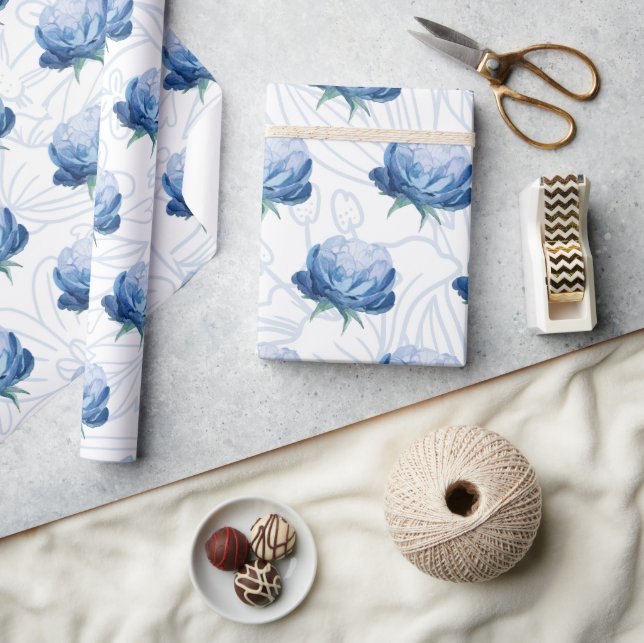 Elegance Blue Peony Botanical Wrapping Paper (Crafts)
