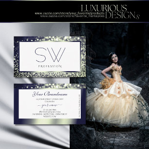 Elegance Blue Silver Ombre Glitter White Monogram Business Card