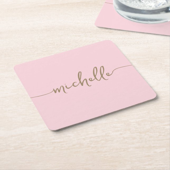 Elegance Blush Pink Gold Monogram Script Signature Square Paper Coaster (Angled)