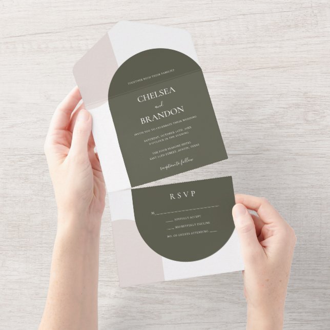 Elegance Bohemian Arches Sage Green Beige Wedding All In One Invitation (Tearaway)