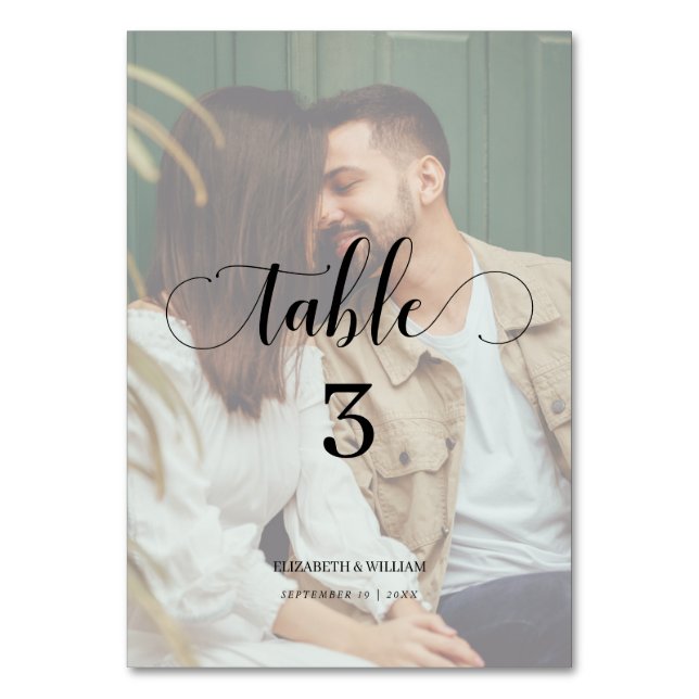 Elegance Calligraphy Script Faded Photo Wedding Table Number (Front)