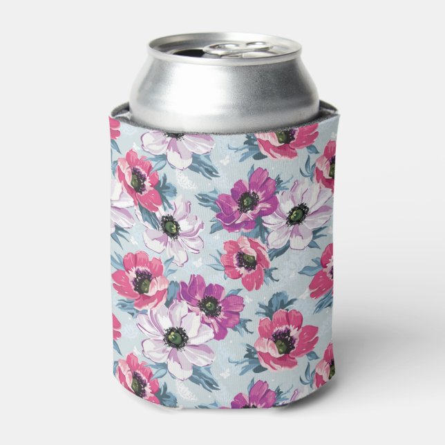 Elegance colour flowers pattern on blue can cooler (Can Front)