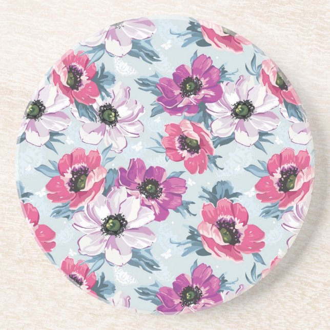 Elegance colour flowers pattern on blue coaster (Front)