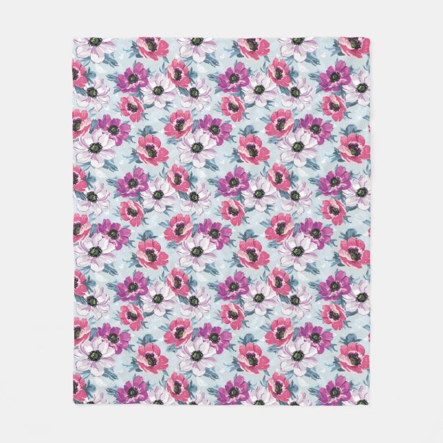Elegance colour flowers pattern on blue fleece blanket (Front)
