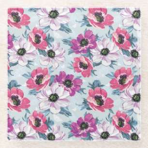Elegance colour flowers pattern on blue glass coaster
