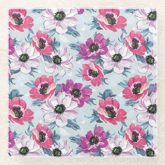 Elegance colour flowers pattern on blue glass coaster (Front)