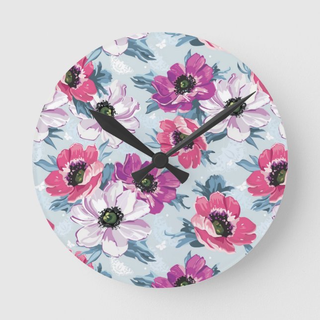 Elegance colour flowers pattern on blue round clock (Front)