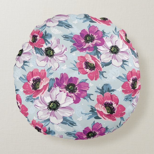Elegance colour flowers pattern on blue round cushion (Front)