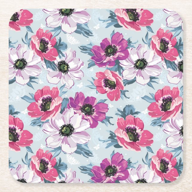Elegance colour flowers pattern on blue square paper coaster (Front)