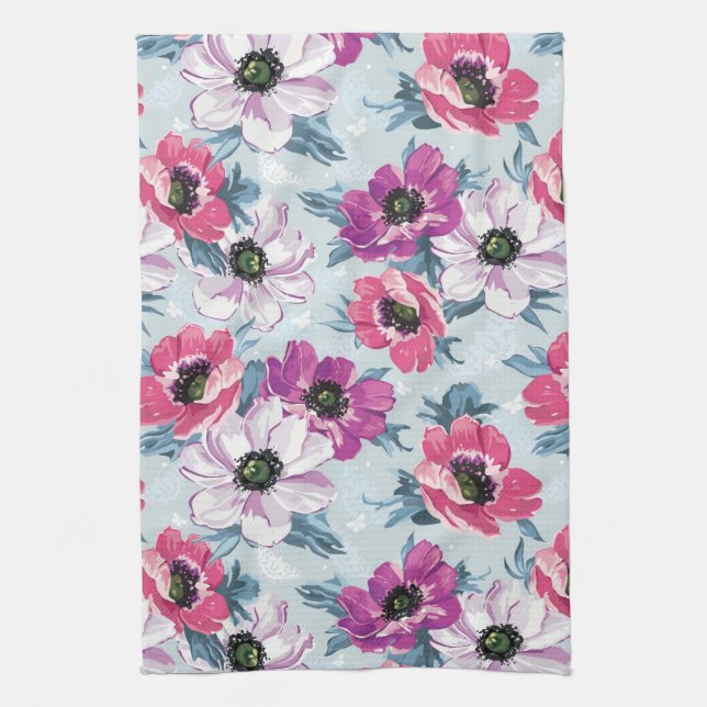 Elegance colour flowers pattern on blue tea towel (Vertical)