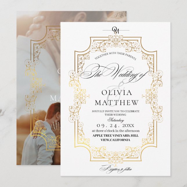 Elegance Gold & White  Photo Wedding Invitation (Front/Back)