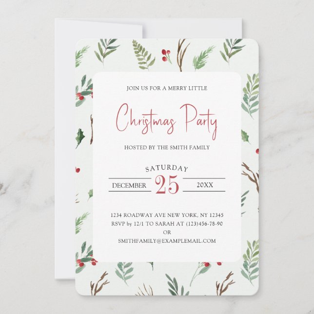 Elegance Holly Berries Christmas Party Invitation (Front)