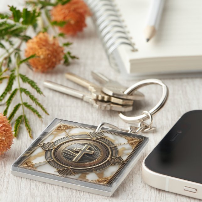 Elegance in Absolution Cross on Marble With Gilded Key Ring (Front Right)