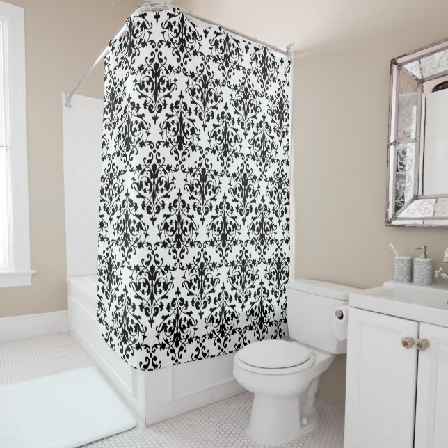 Elegance in Black Damask Shower Curtain (In Situ)