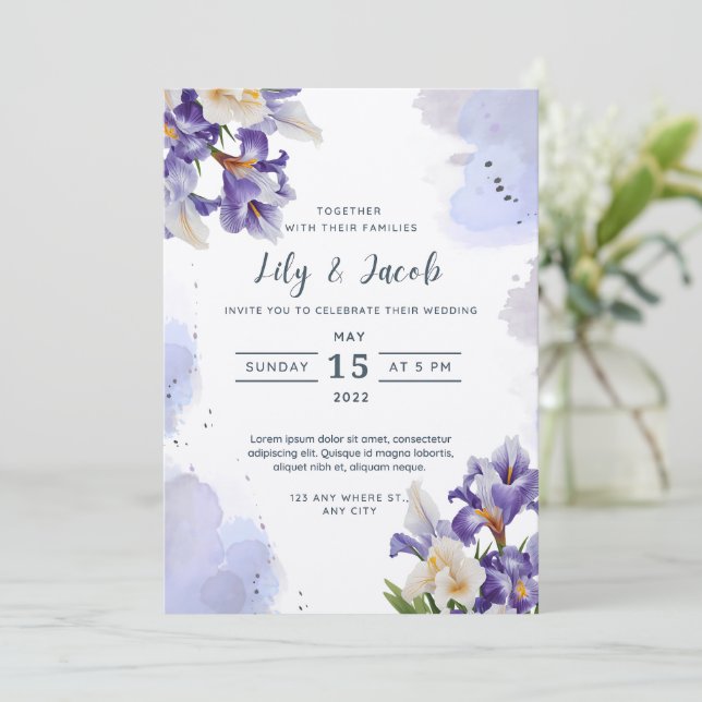 Elegance in Bloom - Watercolor Iris Invitation (Standing Front)