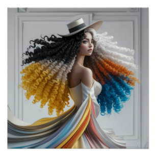 Elegance in Contrast Curly-Haired Woman Poster