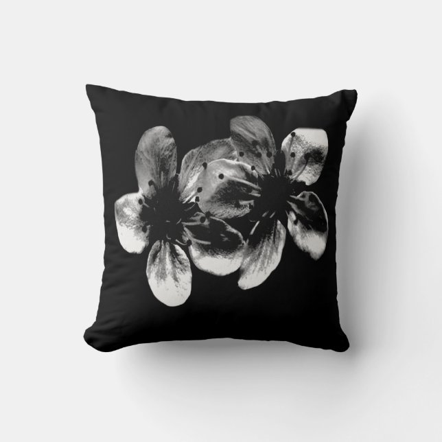 Elegance in Contrast: White Blossoms on Black Cushion (Front)