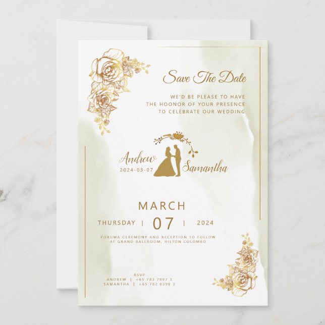 Elegance in Ivory, Gold, and Green Wedding Invitat Invitation (Front)