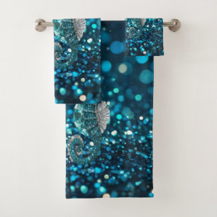 Elegance in Motion: Aqua Seahorse On Aqua Bokeh Bath Towel Set