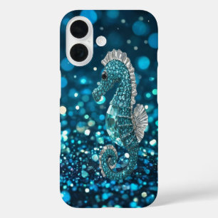 Elegance in Motion: Aqua Seahorse On Aqua Bokeh iPhone 16 Case