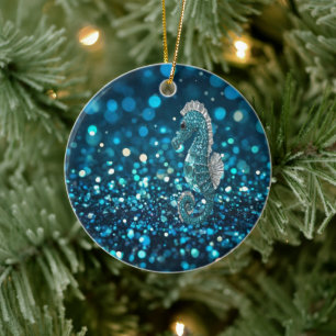 Elegance in Motion: Aqua Seahorse On Aqua Bokeh Ceramic Tree Decoration