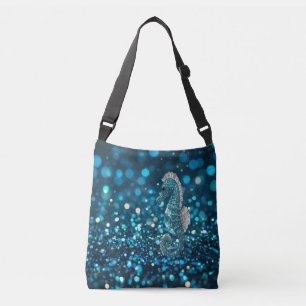 Elegance in Motion: Aqua Seahorse On Aqua Bokeh Crossbody Bag