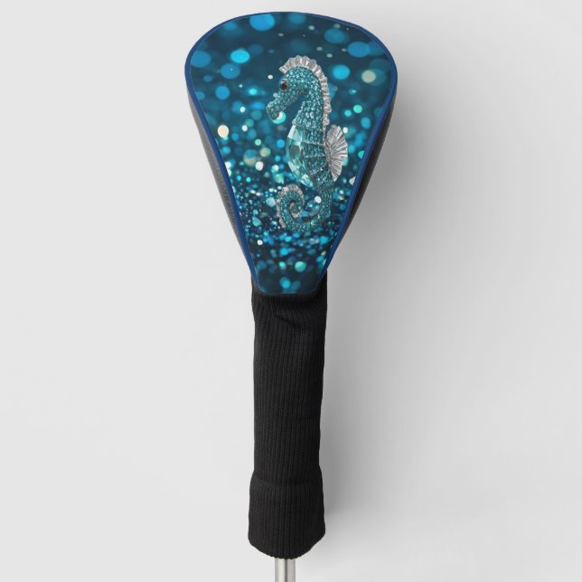 Elegance in Motion: Aqua Seahorse On Aqua Bokeh Golf Head Cover (Front)