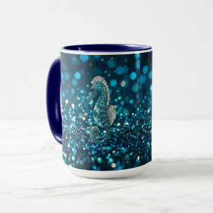 Elegance in Motion: Aqua Seahorse On Aqua Bokeh Mug