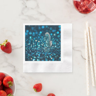 Elegance in Motion: Aqua Seahorse On Aqua Bokeh Napkin
