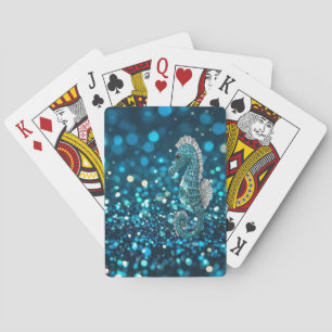 Elegance in Motion: Aqua Seahorse On Aqua Bokeh Playing Cards