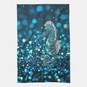 Elegance in Motion: Aqua Seahorse On Aqua Bokeh Tea Towel