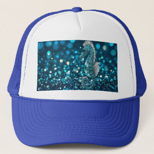 Elegance in Motion: Aqua Seahorse On Aqua Bokeh Trucker Hat