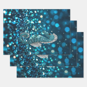 Elegance in Motion: Aqua Seahorse On Aqua Bokeh Wrapping Paper Sheet