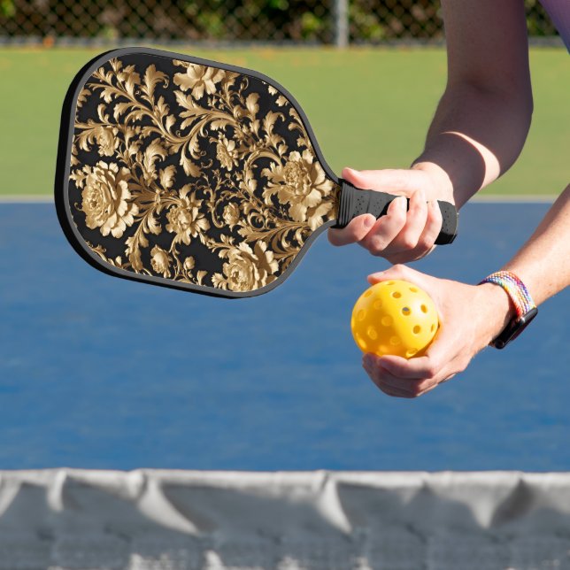 Elegance in Motion: Black and Gold Floral  Pickleball Paddle (Insitu)