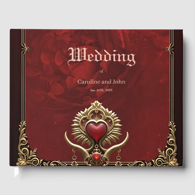 Elegance in red lustre with an ornate heart. guest book (Front)