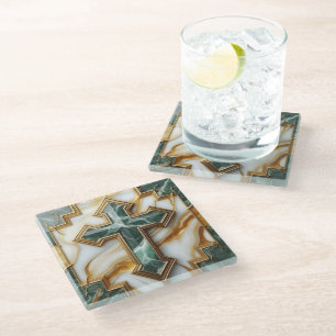 Elegance in Stone Golden-Framed Marble Cross Glass Coaster