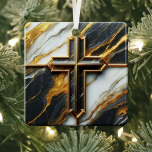Elegance in Stone Golden-Framed Marble Cross Metal Tree Decoration